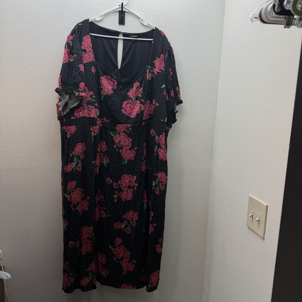 Torrid 5 / 5X Tea Length Stretch Challis Sweetheart Dress POLKA DOT Floral - Picture 2 of 11